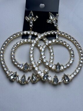 3.5” Crystal Double Hoop Drop Earrings - Gold Tone